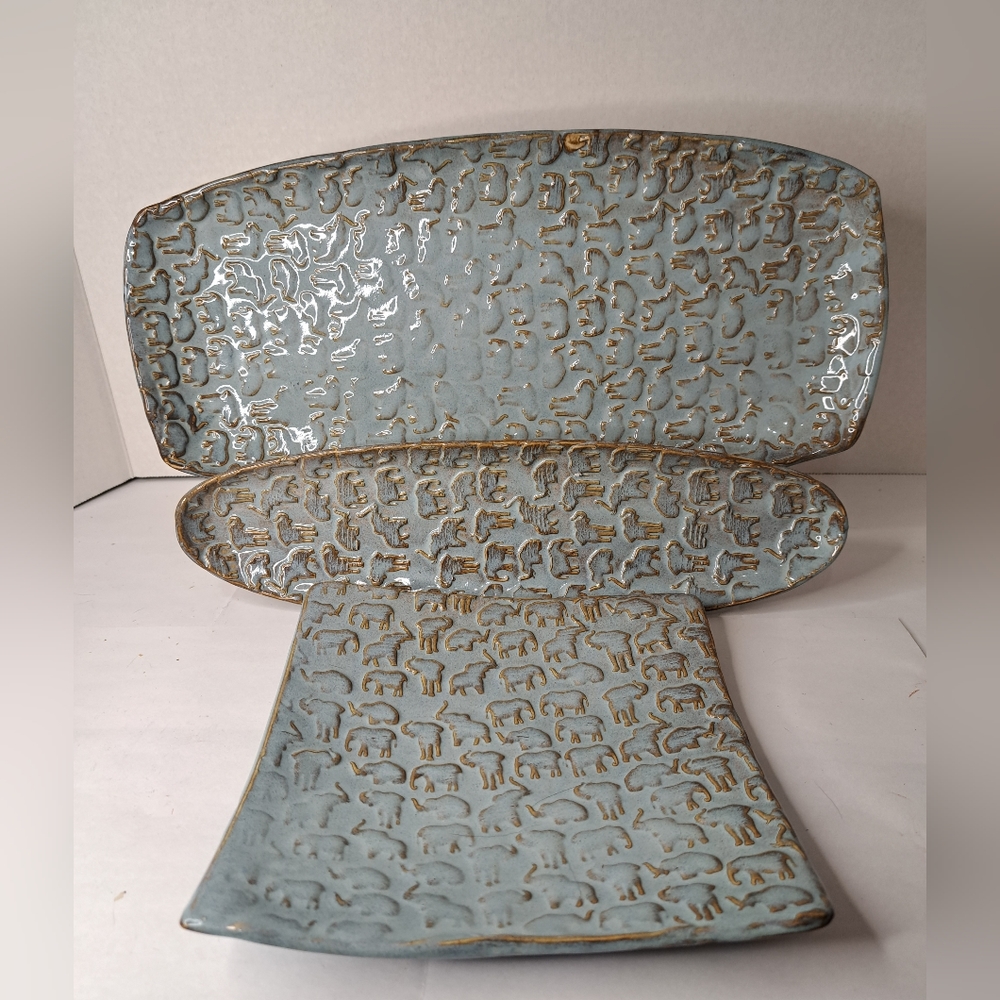 3 Ceramic Platters — Elephant Motif,  Brown Grey Glaze.